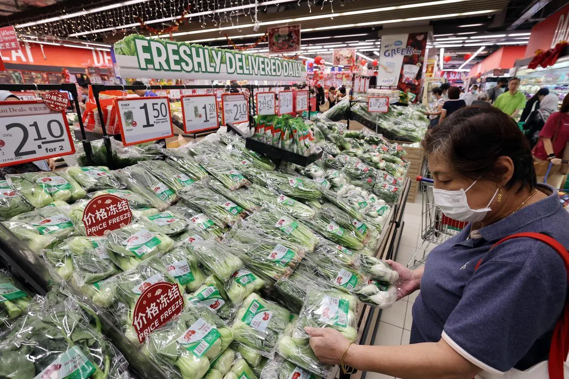 平价超市售卖的金针菇、香菇、大白菜、上海青和奶白菜等新鲜蔬菜也打折。（邝启聪摄）