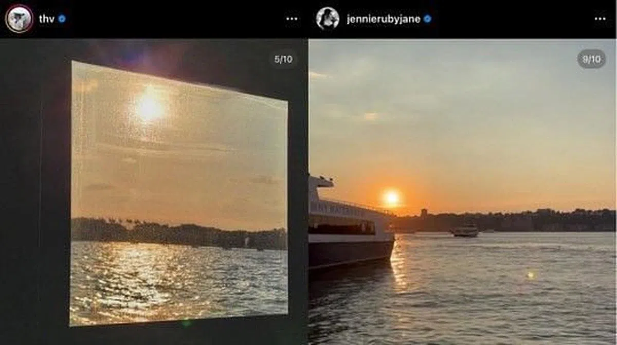 V分享纽约的夕阳照（左图），恰巧Jennie也曾上传纽约行的日落照，两人遭疑当时一起约会。（取自艺人IG）