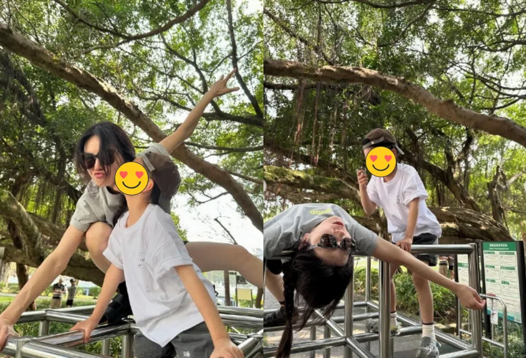 Ella在社媒分享与子到公园玩乐的照片。（互联网）