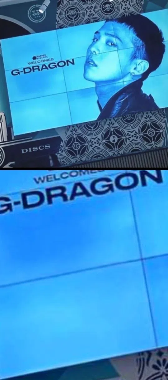 G-DRAGON在社媒贴出的图片（下图）与华纳音乐公司的看板（上图）所见吻合。（互联网，G-DRAGON IG）