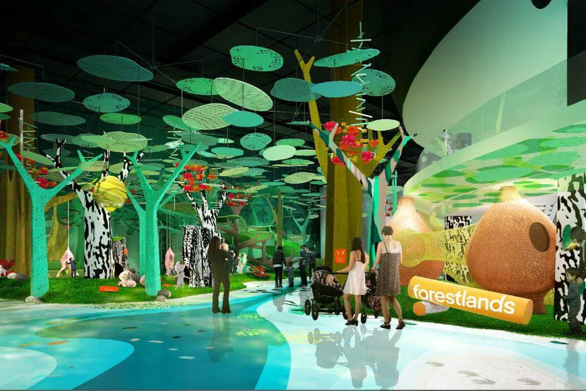 好奇心之湾（Curiosity Cove）是一个由超自然景观组成的互动游戏场景，旨在通过游戏和想象力培养儿童对大自然和野生动物的热爱。图为好奇心之湾的艺术描绘。（万态保育集团提供）