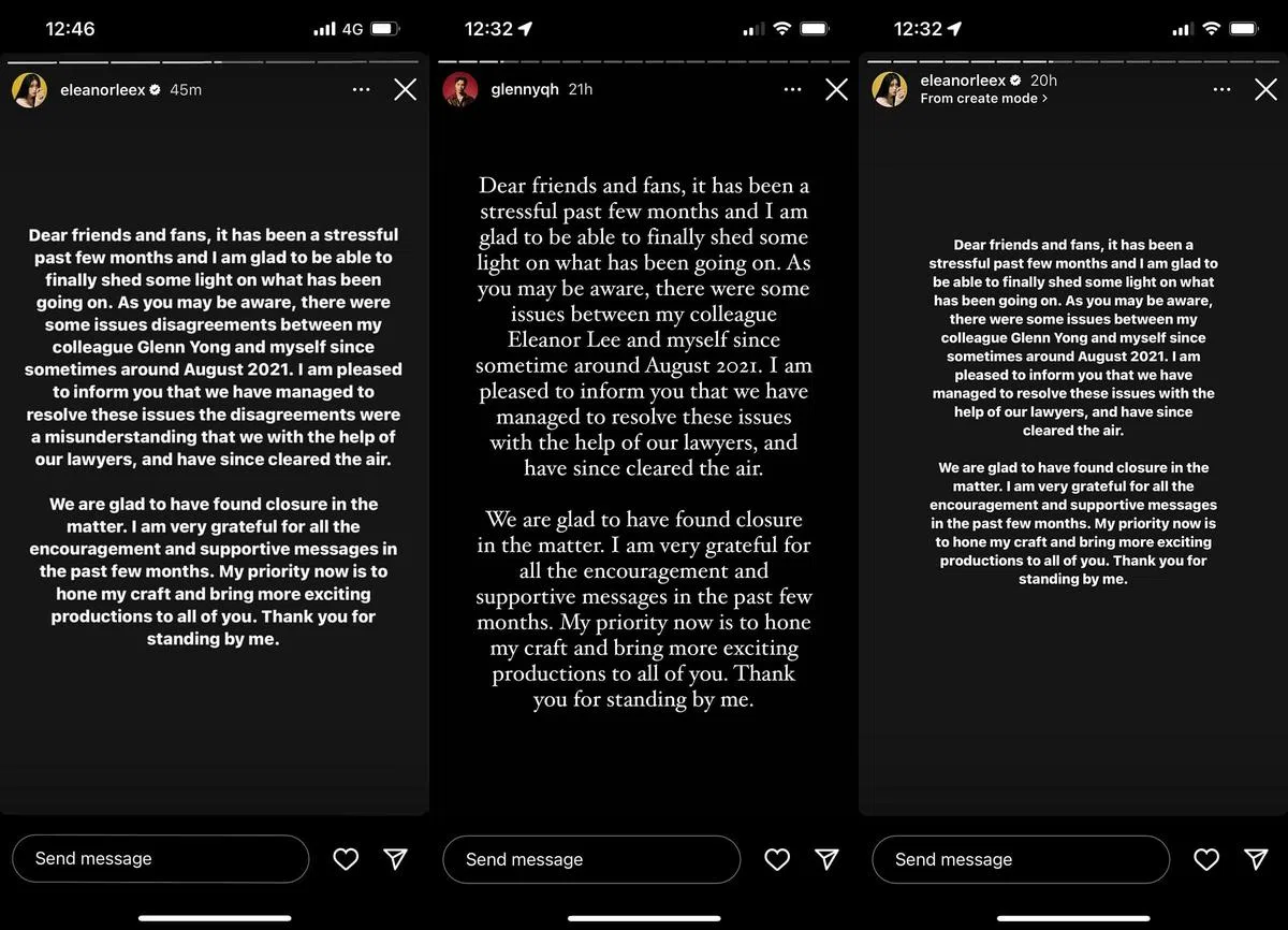 李凯馨星期一中午先在IG发声明（左），随后容启航同样在IG发出声明（中），之后李凯馨删除了原先的声明发了新的声明。（图/截自IG）
