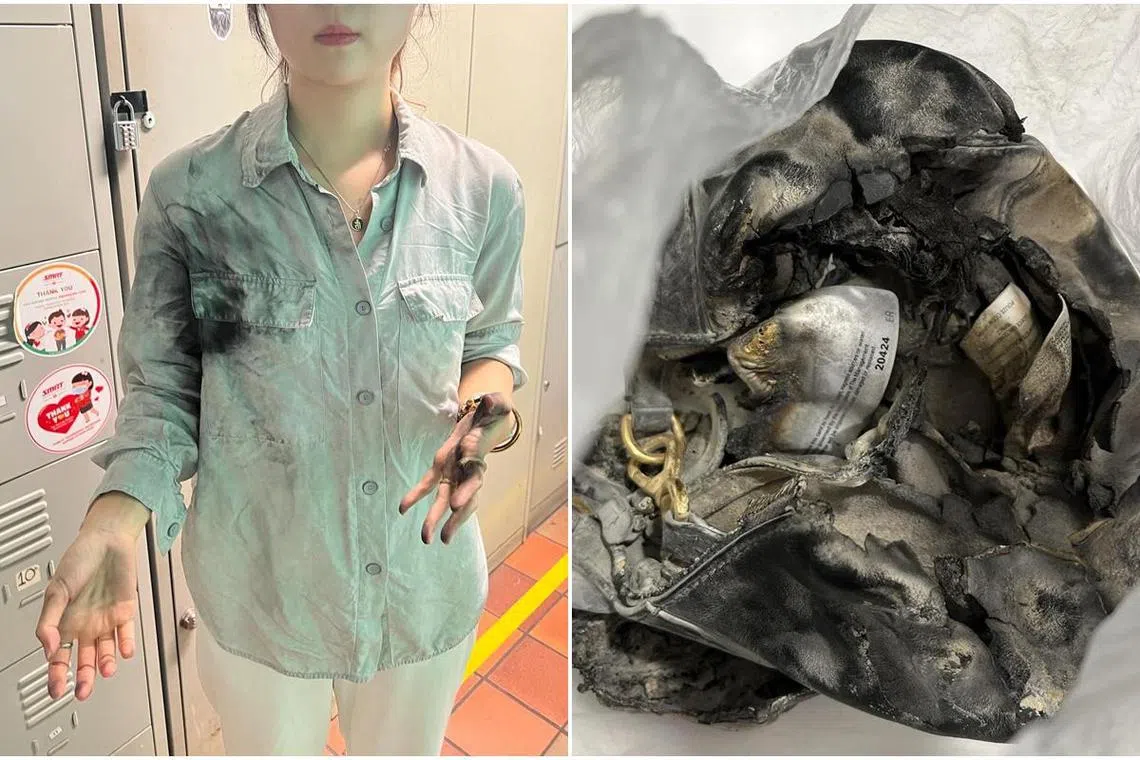 陈姓乘客提供的照片显示她的包和充电宝已经完全焦黑，自己的手也受到轻度烧伤。（受访者提供）