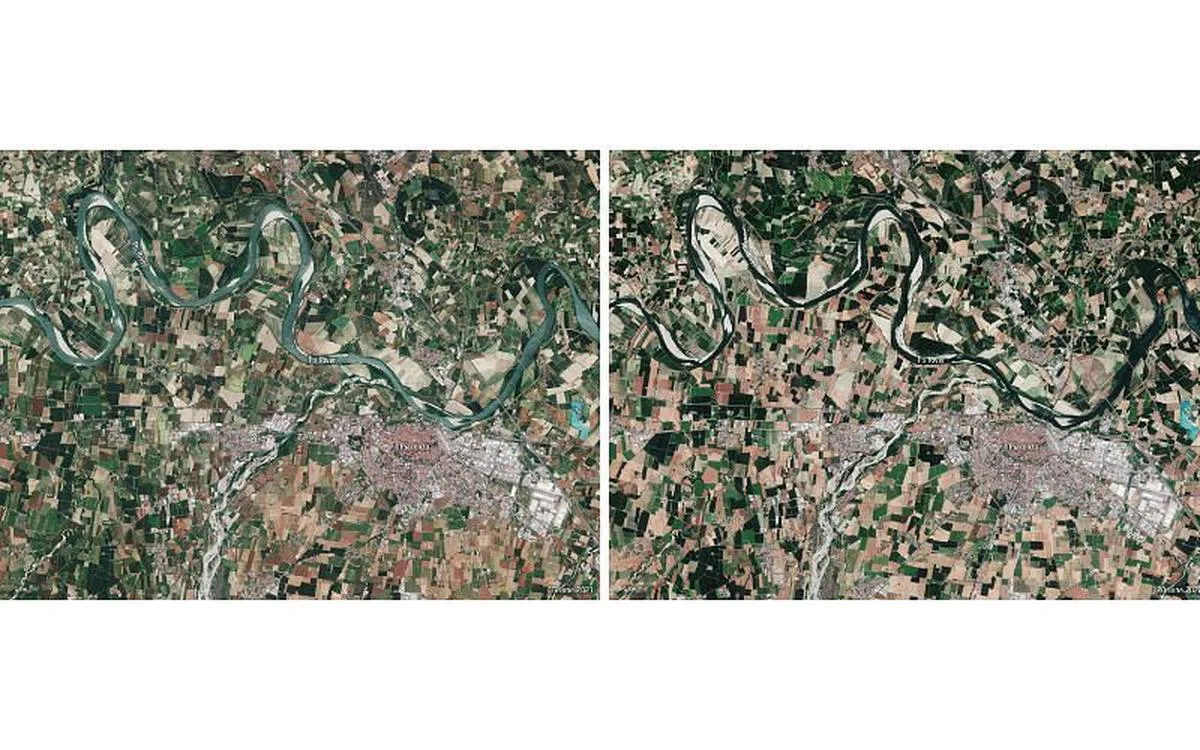 卫星图像显示意大利北部波河在2021年6月（左）和2022年6月（右）的水位差距。（路透社）