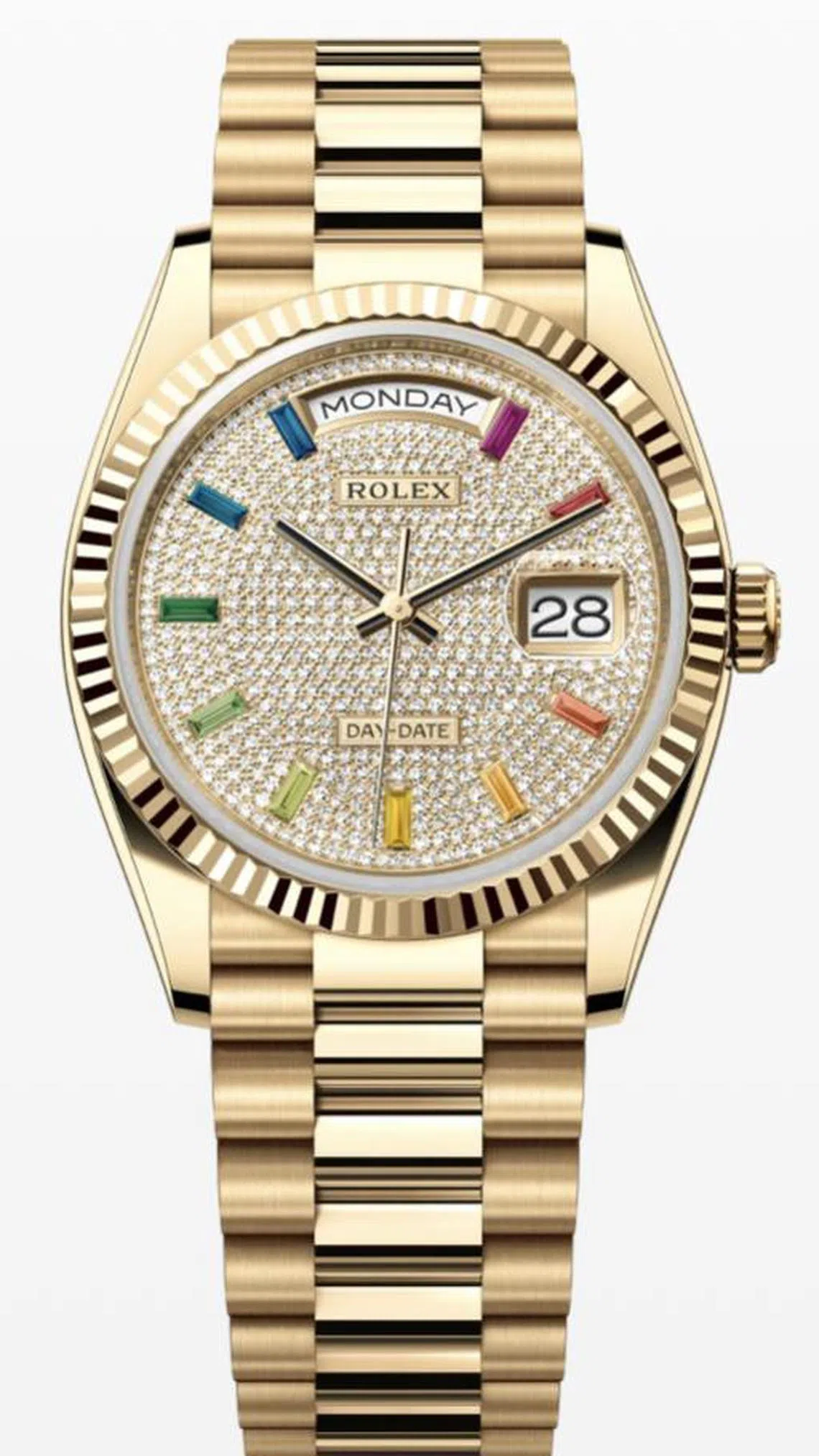 劳力士蚝式恒动星期日历型36腕表18K黄金款，表盘铺镶钻石，时标为彩虹色蓝宝石。（劳力士提供）