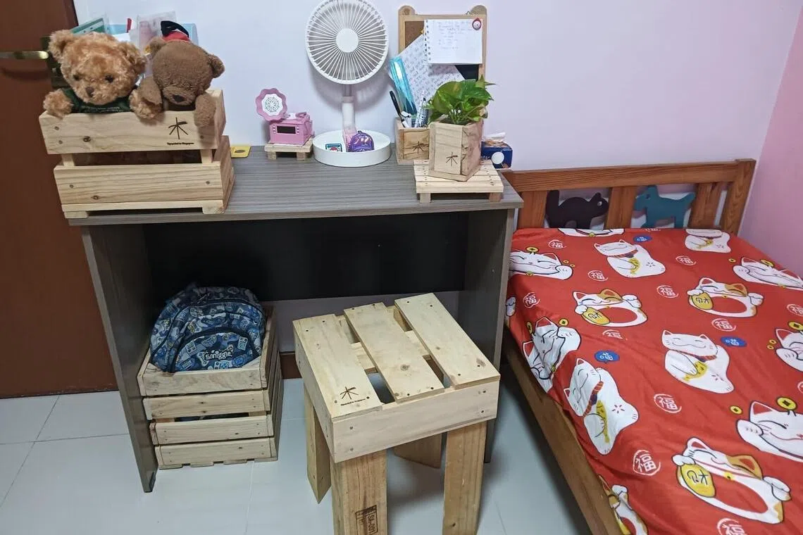 在杨茹文的家中，随处可见木制用品，包括矮凳、收纳箱、文具盒和植物托架，多为她亲手制作。（受访者提供）