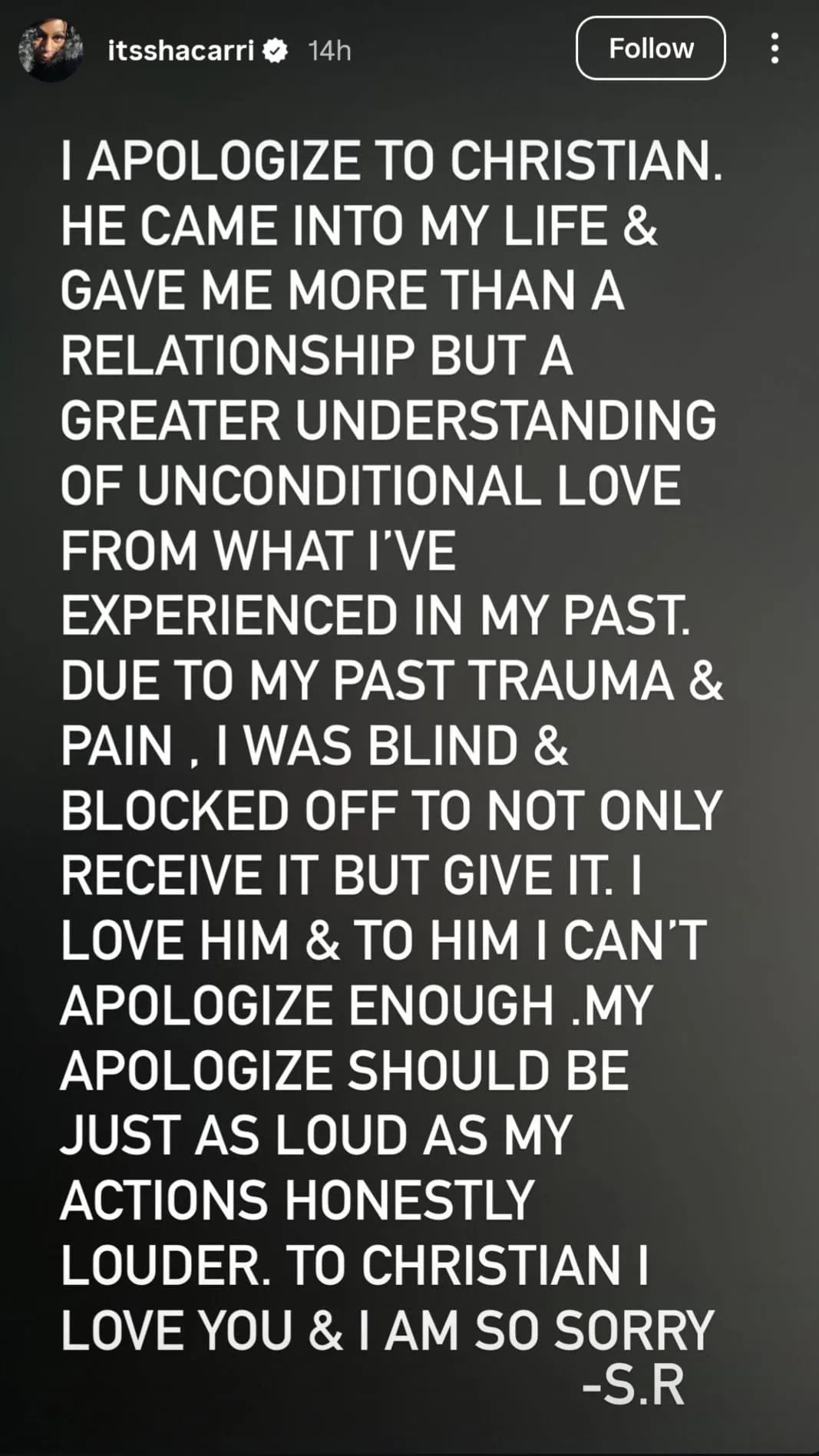 沙卡里在社媒上写给男友的道歉信。（沙卡里Instagram）