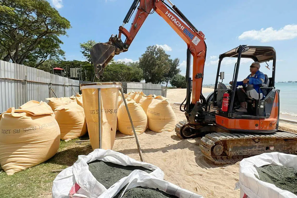 在东海岸公园海边试用的土工袋，用了67公吨的新生沙来填充。（国家公园局提供）