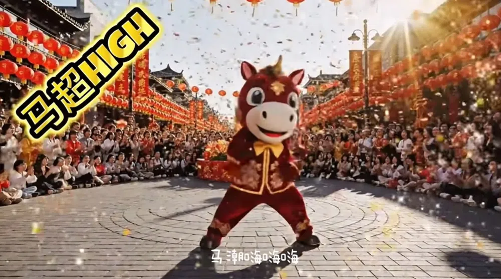 这首洗脑程度“惊人”的《马年超high》mv，由一名马来西亚华人创作者 Blackcool 利用 AI 制作，并发布在脸书、抖音和 YouTube 平台。（视频截图）