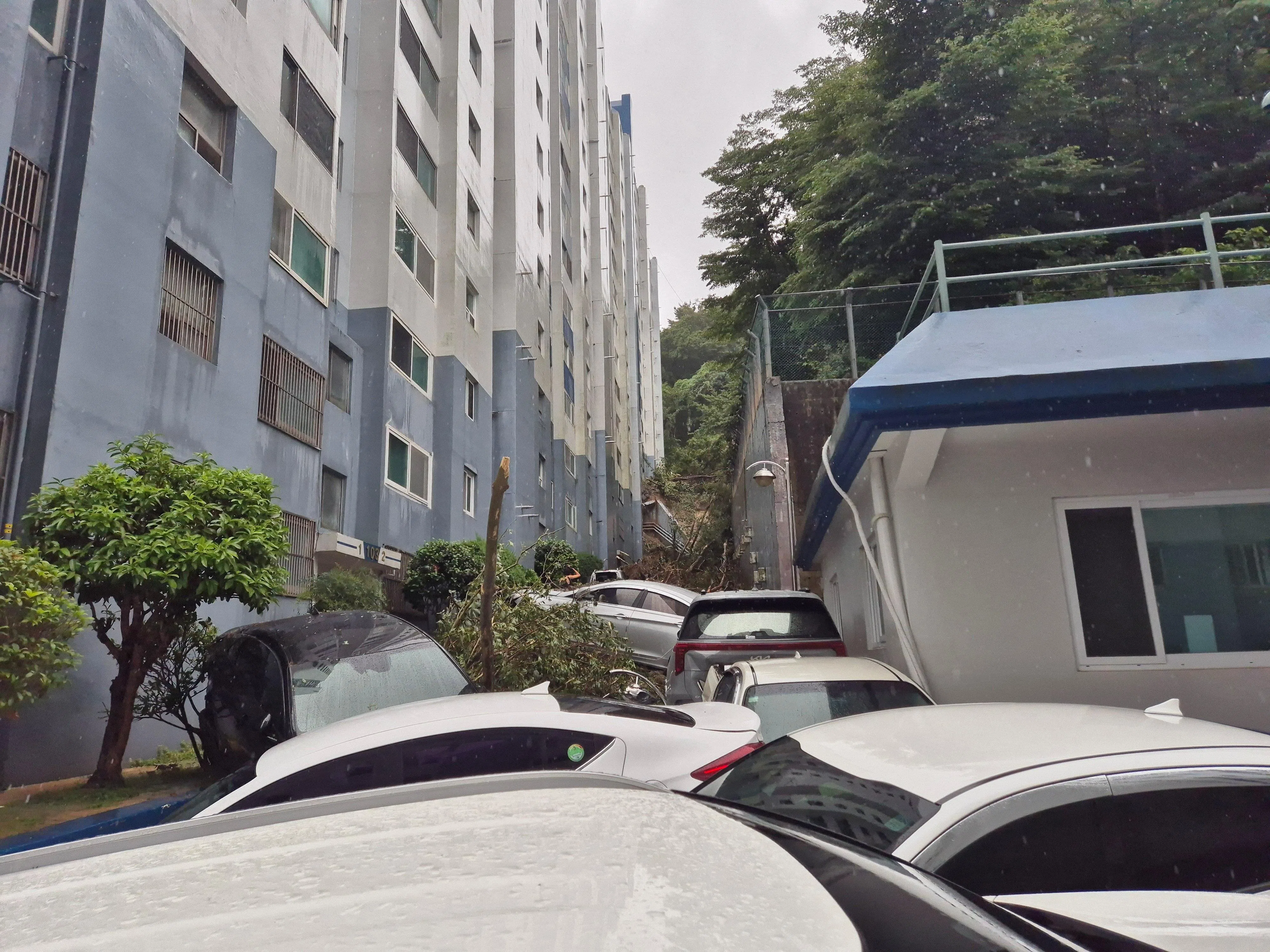 韩国巨济市发生山体滑坡，多辆汽车被卡在住宅楼的狭窄后方。（路透社）