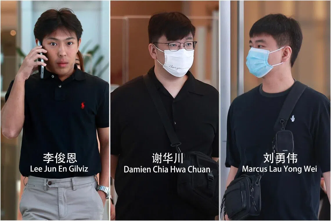 左起为被告李俊恩、谢华川和刘勇伟。（新明日报）