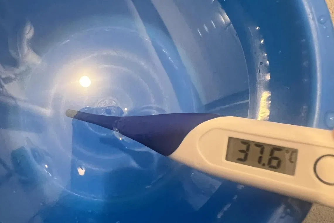 六楼的自来水温度超过37度。（张曦予摄）