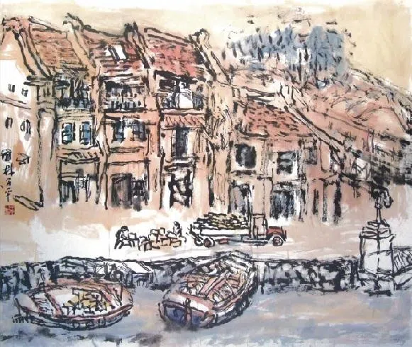 林子平水墨画《靠岸——新加坡河》（2007）。（好望角画廊提供）