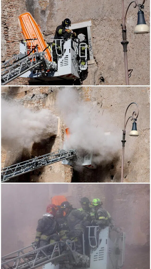 这张合成照片显示，消防员丢出一块从部分坍塌的孔蒂塔中找出来的瓦砾（上图），孔蒂塔二次坍塌扬起尘土（中图），以及消防员浑身沾满灰尘（下图）。（路透社）