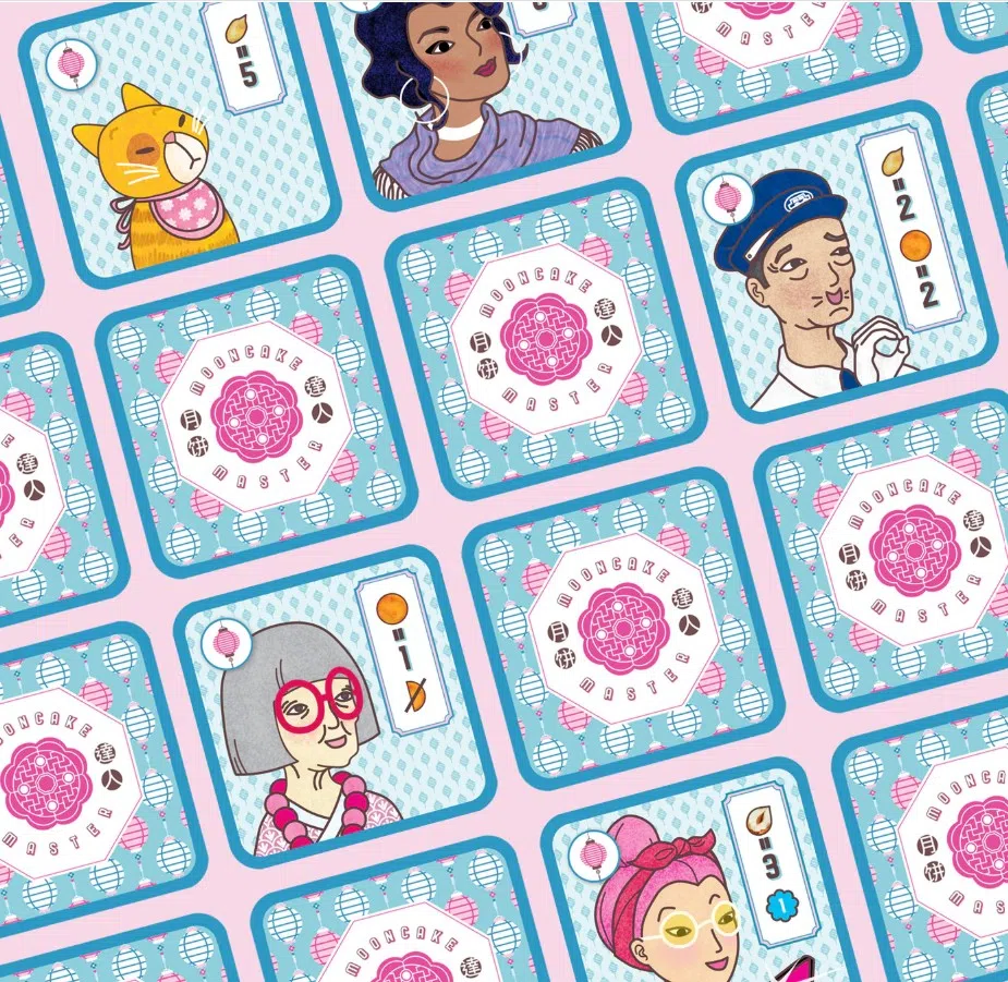 《月饼达人》有72张淡蓝、粉红游戏卡。玩家得根据12名客户订单为他们定制月饼。（周礎泓提供）