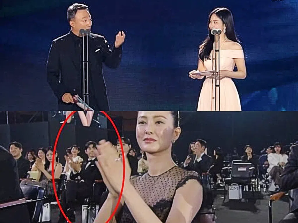 宋慧乔（上图，右）和宋仲基（下图，圈）离婚五年首度同场。（互联网）