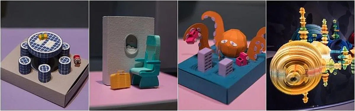 本地艺术工作者张涵欣的《一步接一步》由一组超过80个迷你纸雕组成。（部分作品，左起）组屋楼下的公共围凳，单人机舱座位显示疫情期间人们渴望起飞，以及大洪水如八爪鱼般卷走车辆。（新加坡美术馆提供图片）