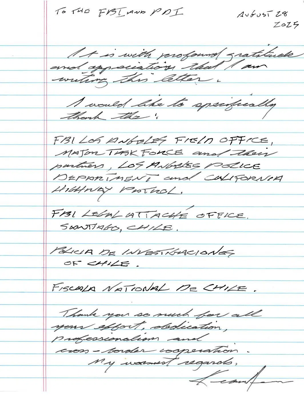 Keanu Reeves（奇洛李维斯）的亲笔感谢信。（取自FBI社媒X）