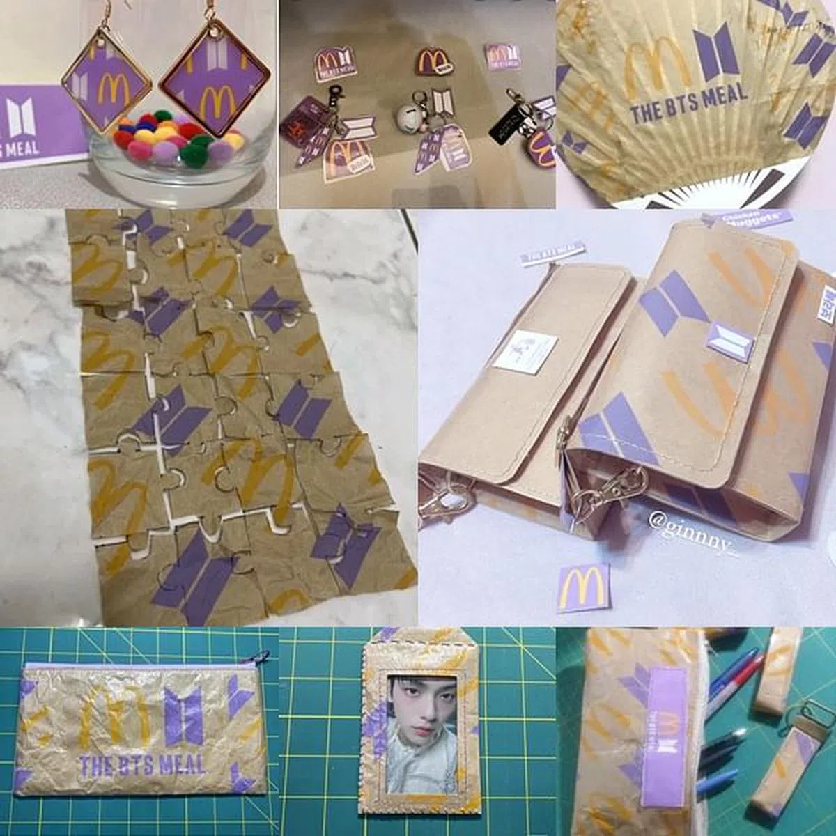 BTS迷把包装纸改造成琳琅满目的手工品：耳环（上排左起）、吊饰与徽章、扇子、拼图（中排左起）、手提包、防水包（下排左起）、卡套、笔盒。（面簿）