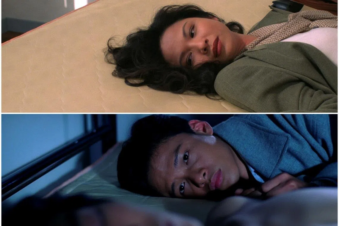 杨贵媚（上）和李康生（下）在蔡明亮电影《爱情万岁》中的造型。（新加坡电影节提供）