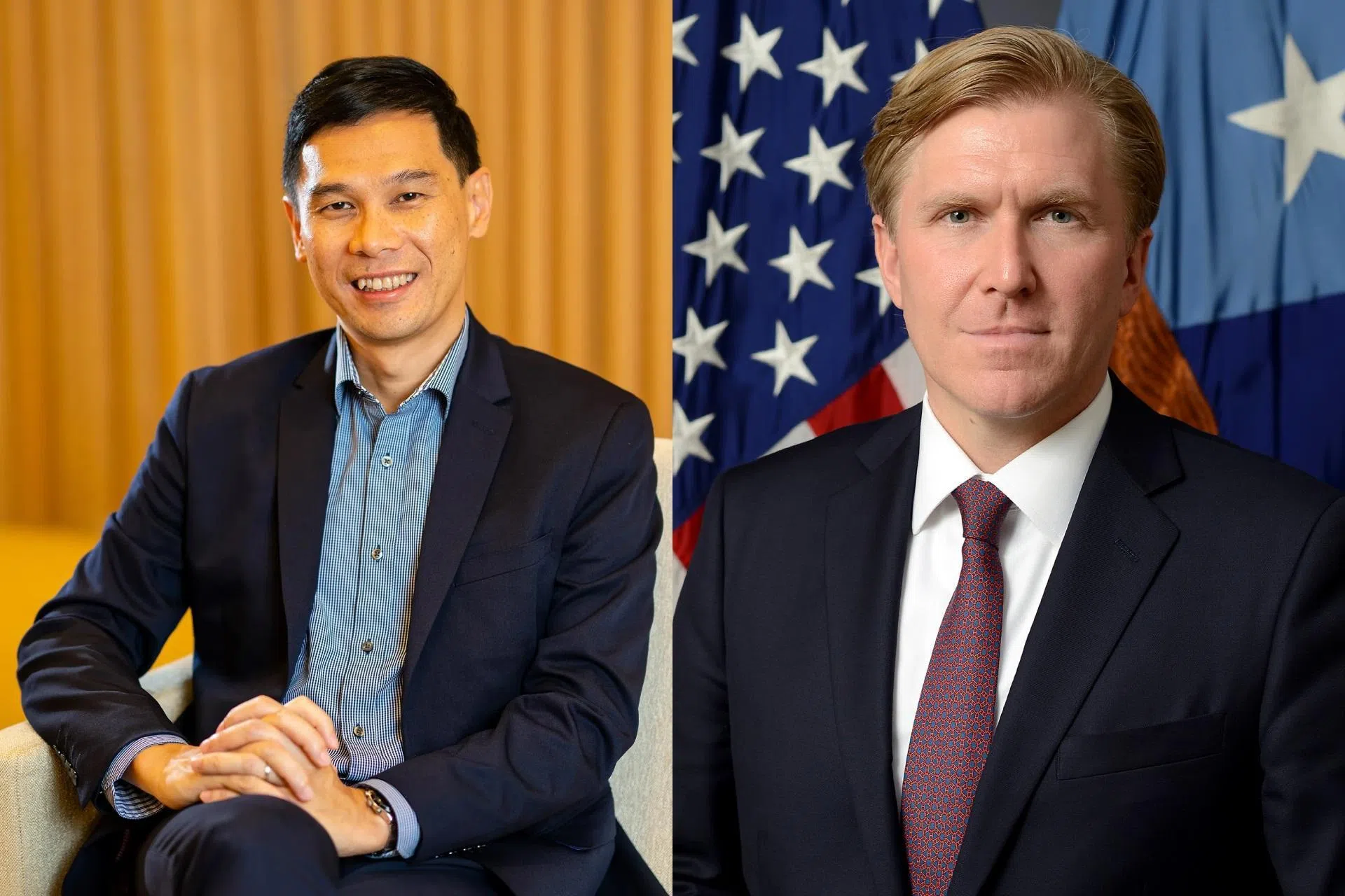 国防部常任秘书（国防）梁颖强（左）与美国战争部政策副部长科尔比（Elbridge Colby）在美国华盛顿特区五角大楼共同主持第16届新加坡—美国战略安全政策对话。（美国战争部提供）