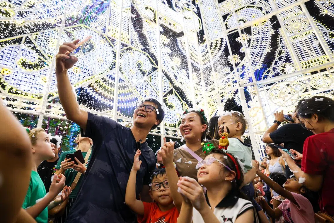 20米高、由意大利工匠打造的Spalliera圣诞彩灯，以“时光之桥”为主题亮相，九道光拱层层通往中央主体。（林明顺摄）