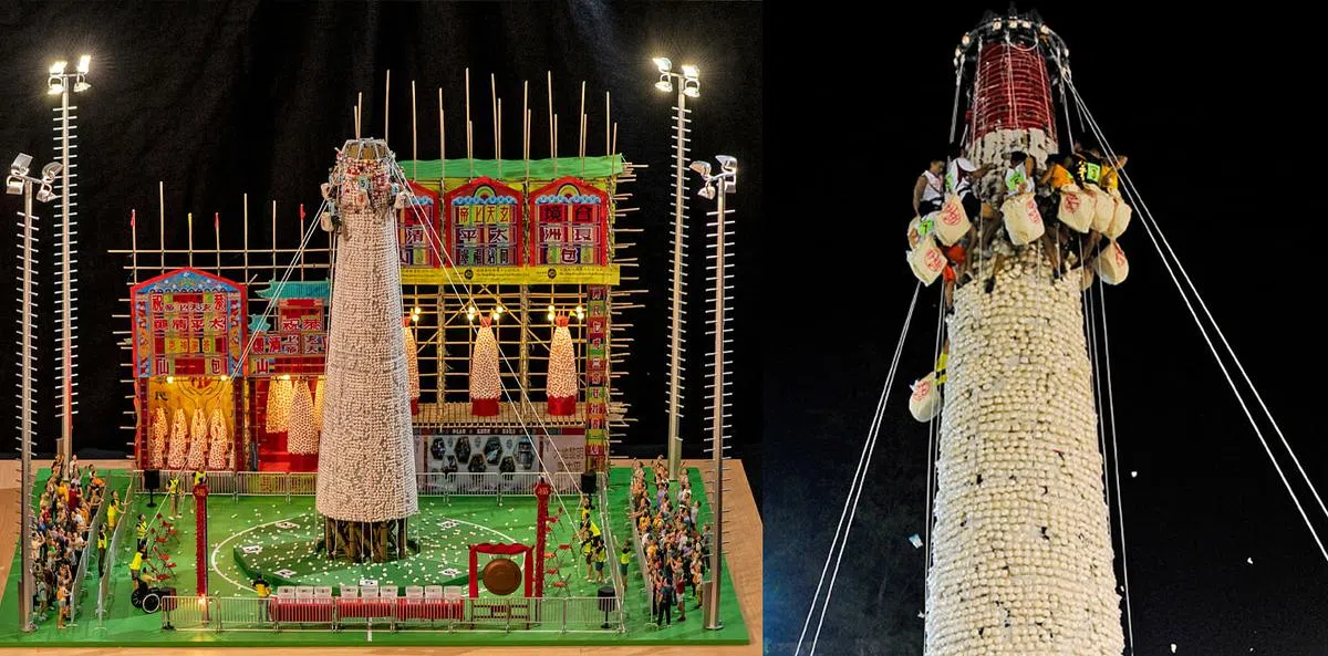 长洲抢包山微观模型（左）与现实中热闹非凡的长洲抢包山活动。（图／快乐微型艺术会、香港旅游发展局）