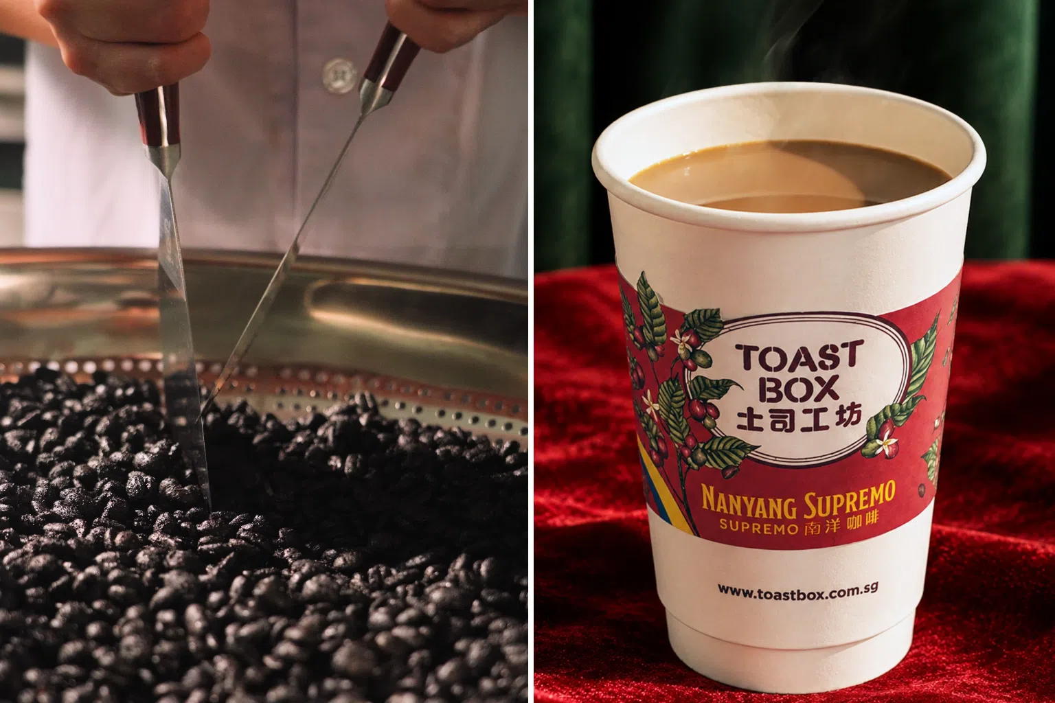 Coffee beans and a freshly brewed cup of Toast Box’s Nanyang Supremo, a new blend offering a smoother take on traditional Nanyang coffee.