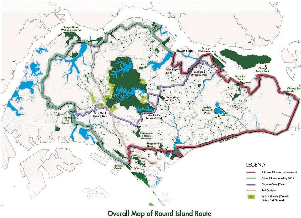 环岛绿道共长达150公里，目前已完成约一半（粉红色部分），其余两个阶段最迟2035年竣工。（国家公园局提供）