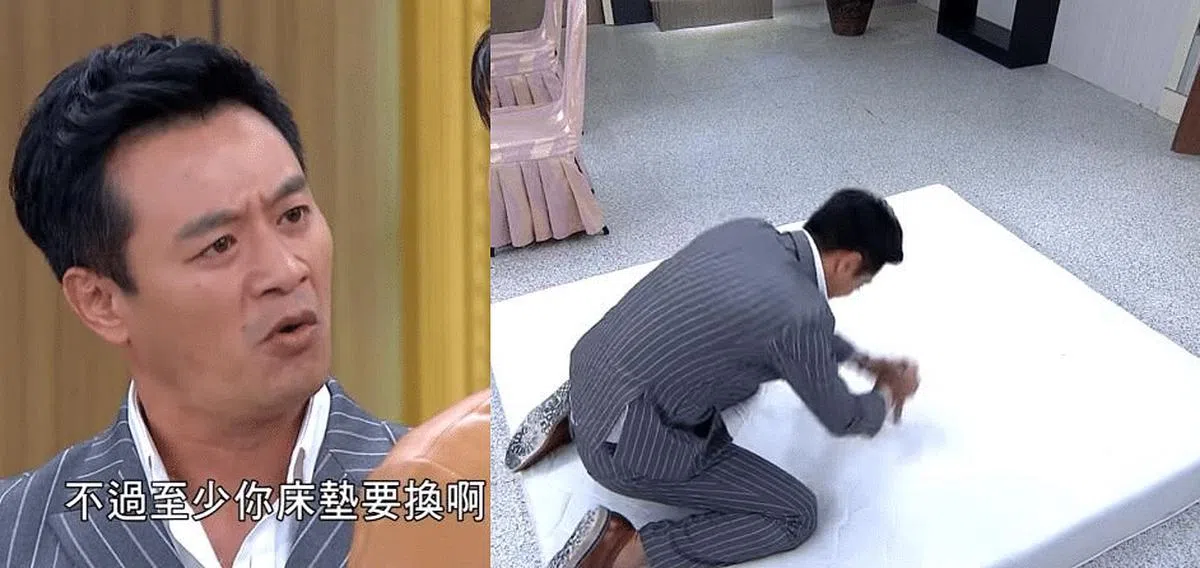 林佑星在台湾本土剧《一家团圆》中用刀割毁床垫。（互联网）