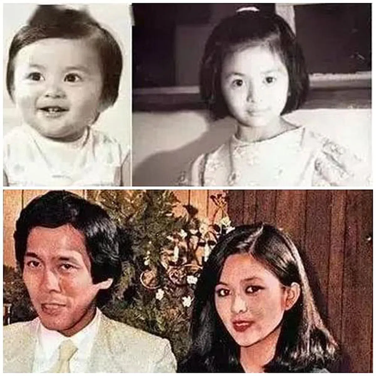 关之琳童年时已看出未来会是个美人（上图，互联网）；关之琳（右）与王国旌结婚9个月即离婚（下图，互联网）。