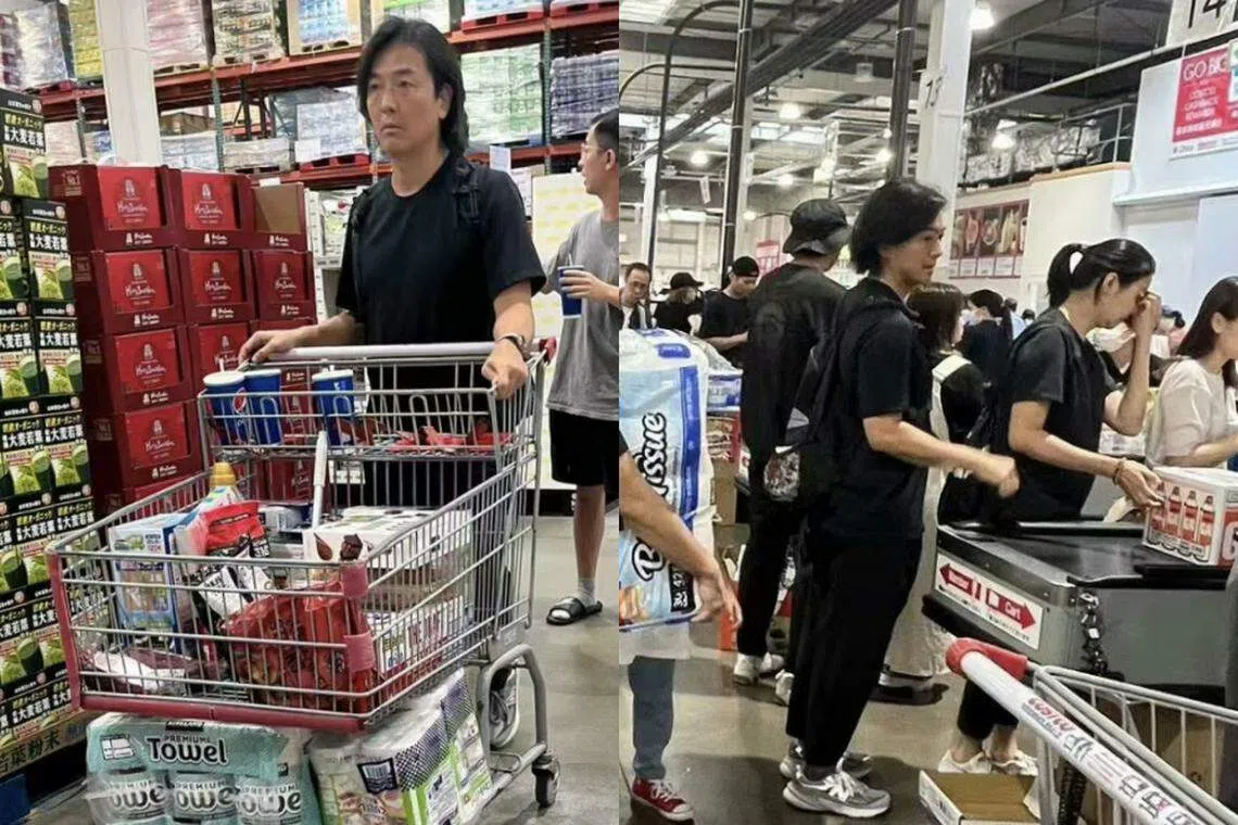 郑伊健近日现身福冈一家超市采购日用品，左图为他和蒙嘉慧排队结账。（互联网）