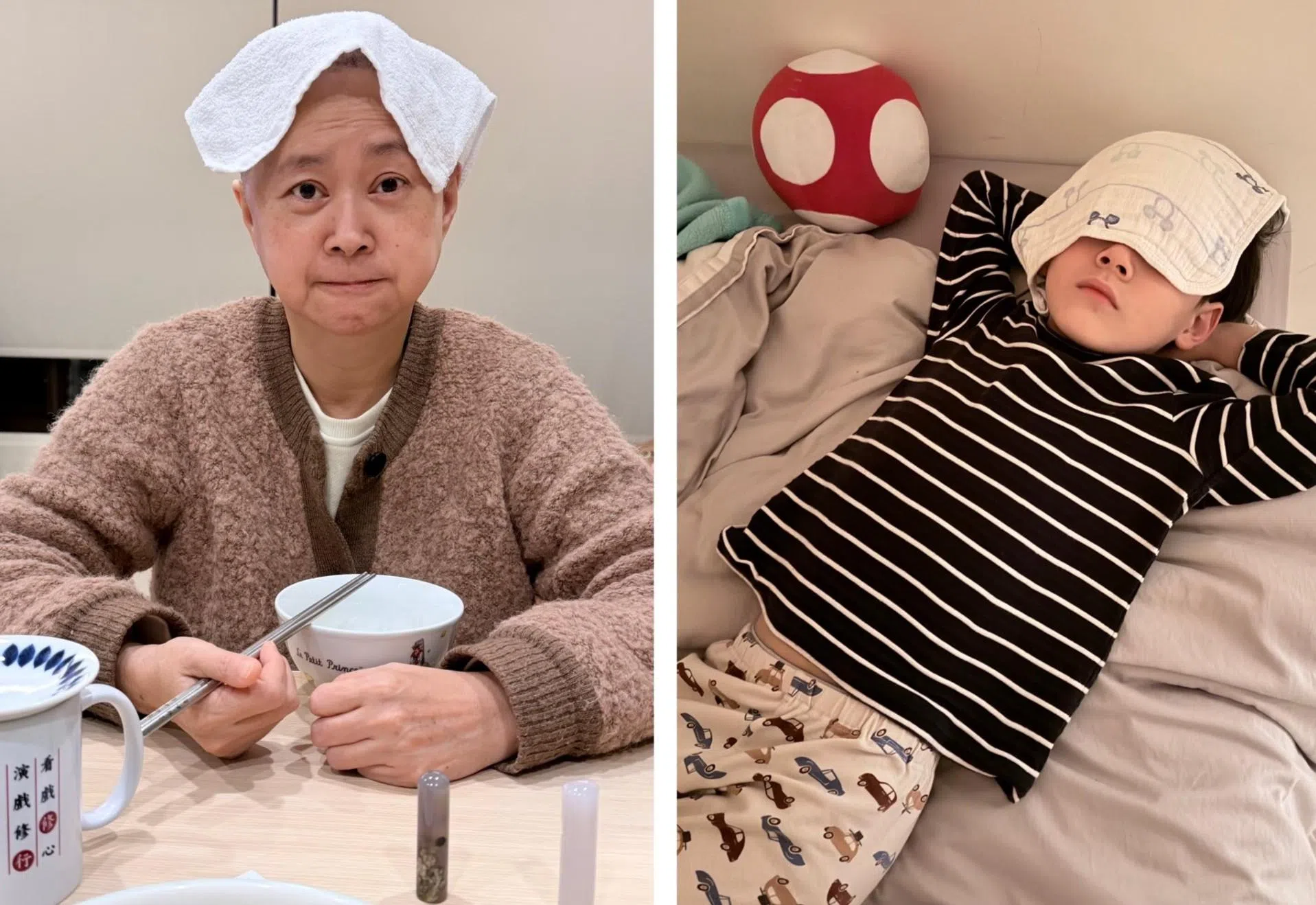 王月说，孩子模仿她用毛巾盖着脸睡觉，让她当场笑出来。（取自王月脸书）