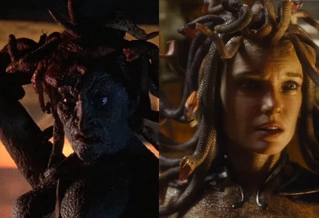 1981年版本《神魔大战》的美杜莎（左图），和2010年特效新版美杜莎，都是可怕的蛇魔女。（互联网）