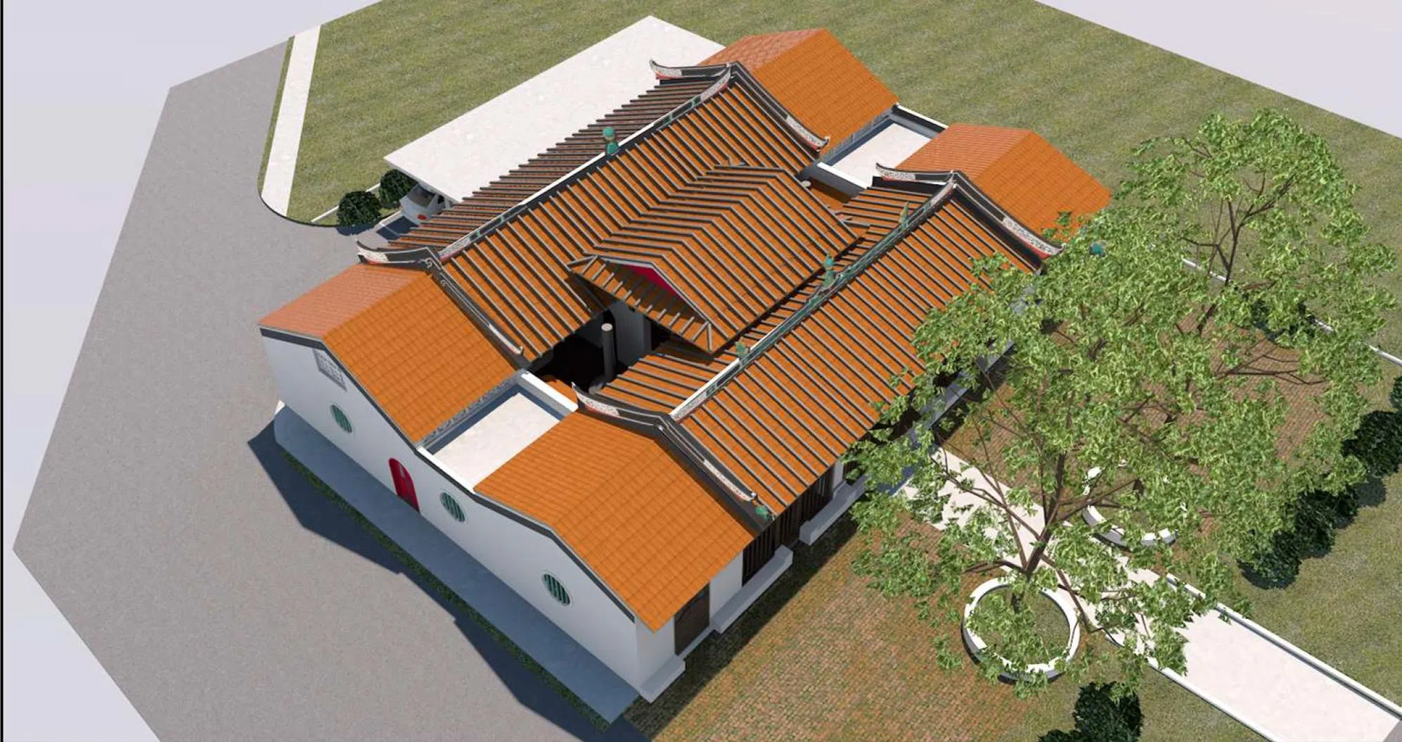 万山福德祠的修缮工程，将把庙宇内拜亭两侧的天井打通，恢复至1970年代时的建筑结构，并且在庙宇北边新扩建一处作为洗手间和储藏室。（万山福德祠设计构想图）