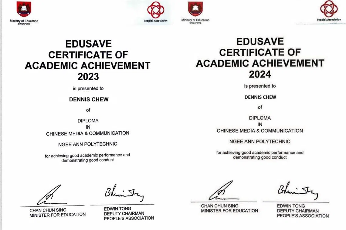 周崇庆连续两年获得教育储蓄（Edusave）证书表扬他的学习成绩。