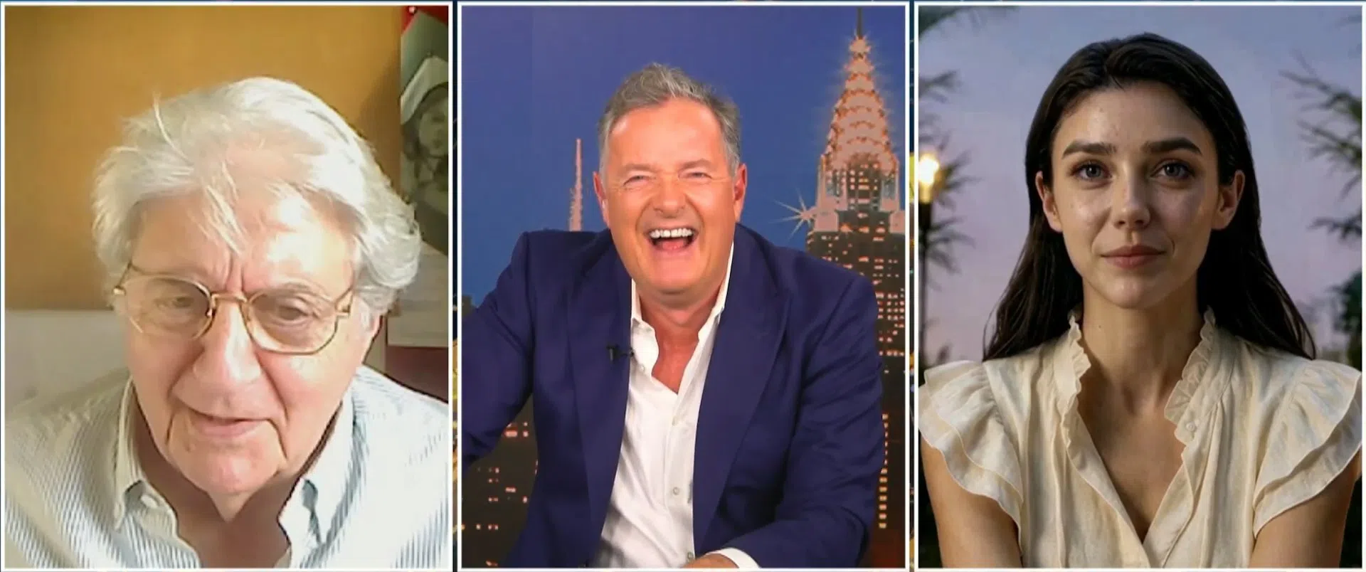 Tilly Norwood（提丽诺伍德，右）上节目接受Piers Morgan（皮尔斯摩根，中）和资深演员嘉宾Tom Conti（汤姆康蒂）访问。（视频截图）