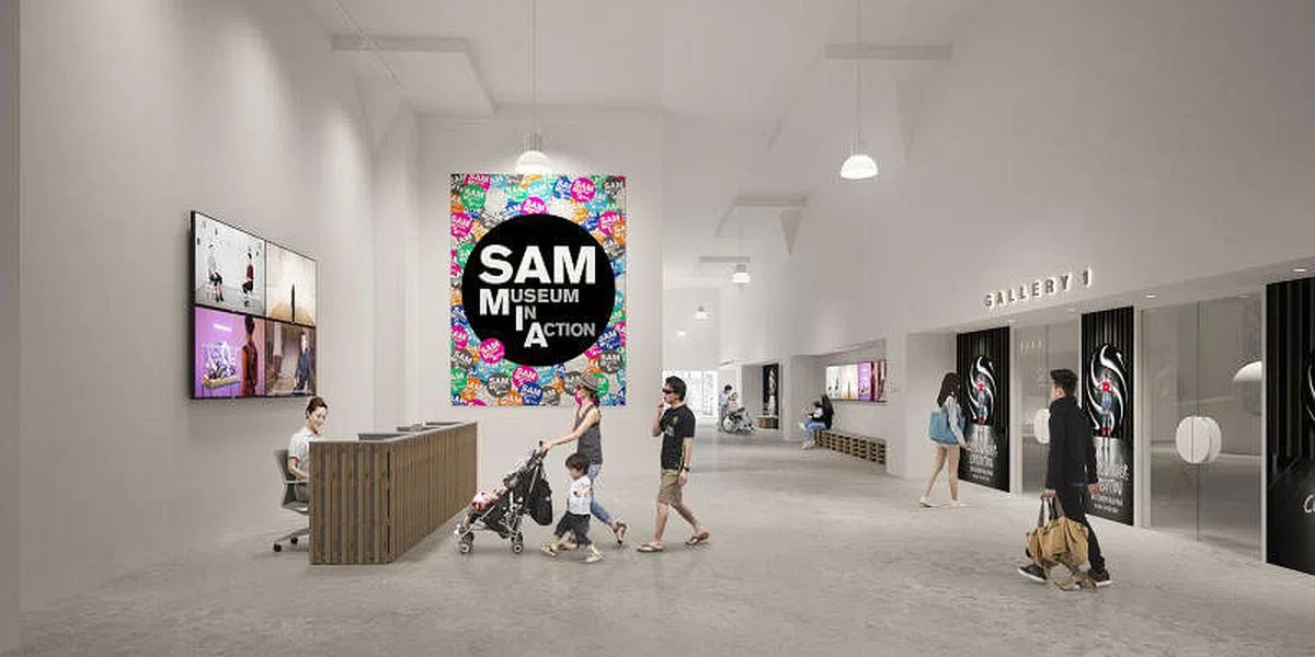 新加坡美术馆在丹戎巴葛分销园新展厅的柜台接待处，这层有两个展厅，可呈现大型装置与办展。（构想图／新加坡美术馆提供）