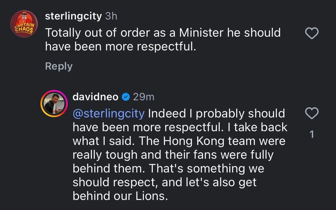 梁振伟亲自在评论区留言，称收回他自己说过的话。（社交媒体截图）