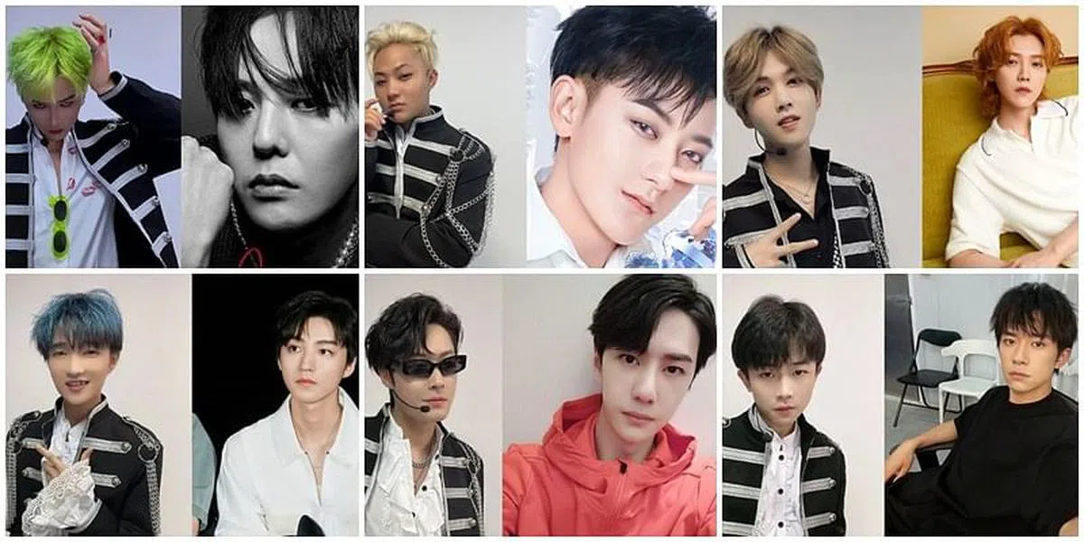 ESO成员（各图左位）模仿当红艺人：GD（上图左）、黄子韬（上图中）、鹿晗（上图右）、王俊凯（下图左）、王一博（下图中）、易烊千玺（下图右）。（互联网）