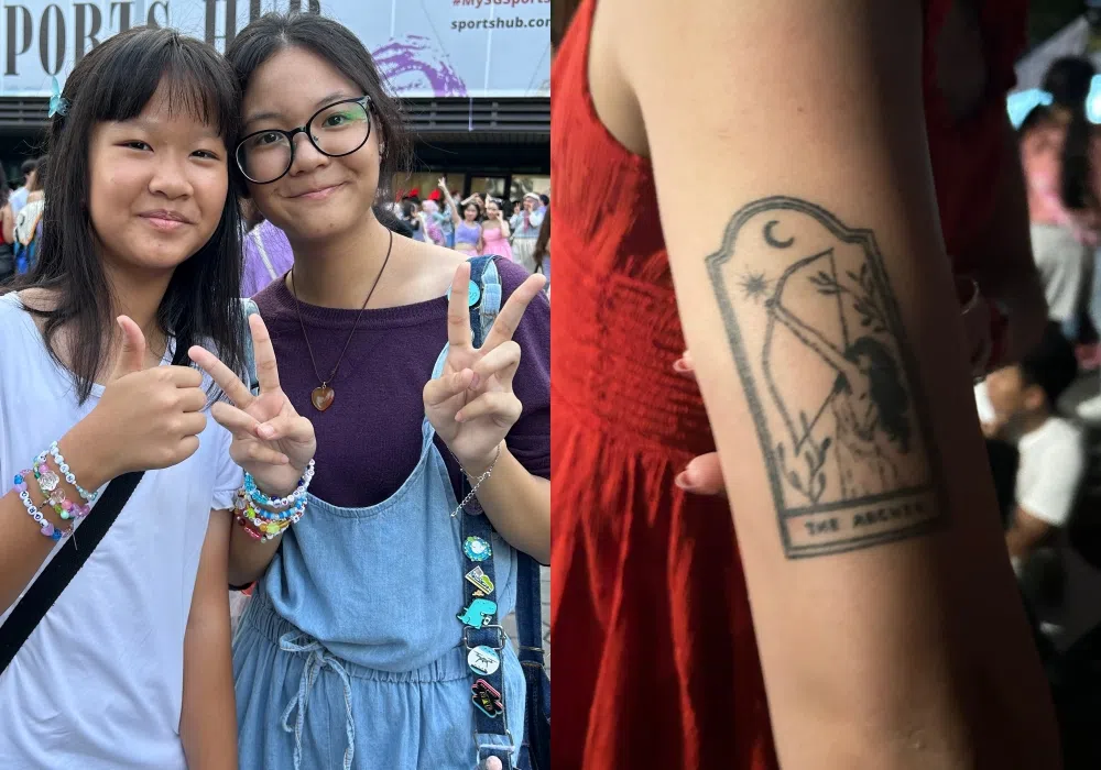 霉粉到演唱会场外感受现场气氛，左图是叶芯慧（左）和姐姐叶思慧（右），右图是把对泰勒丝的爱纹在身上的Krystle。（陈秋雁、蓝靖仪摄）