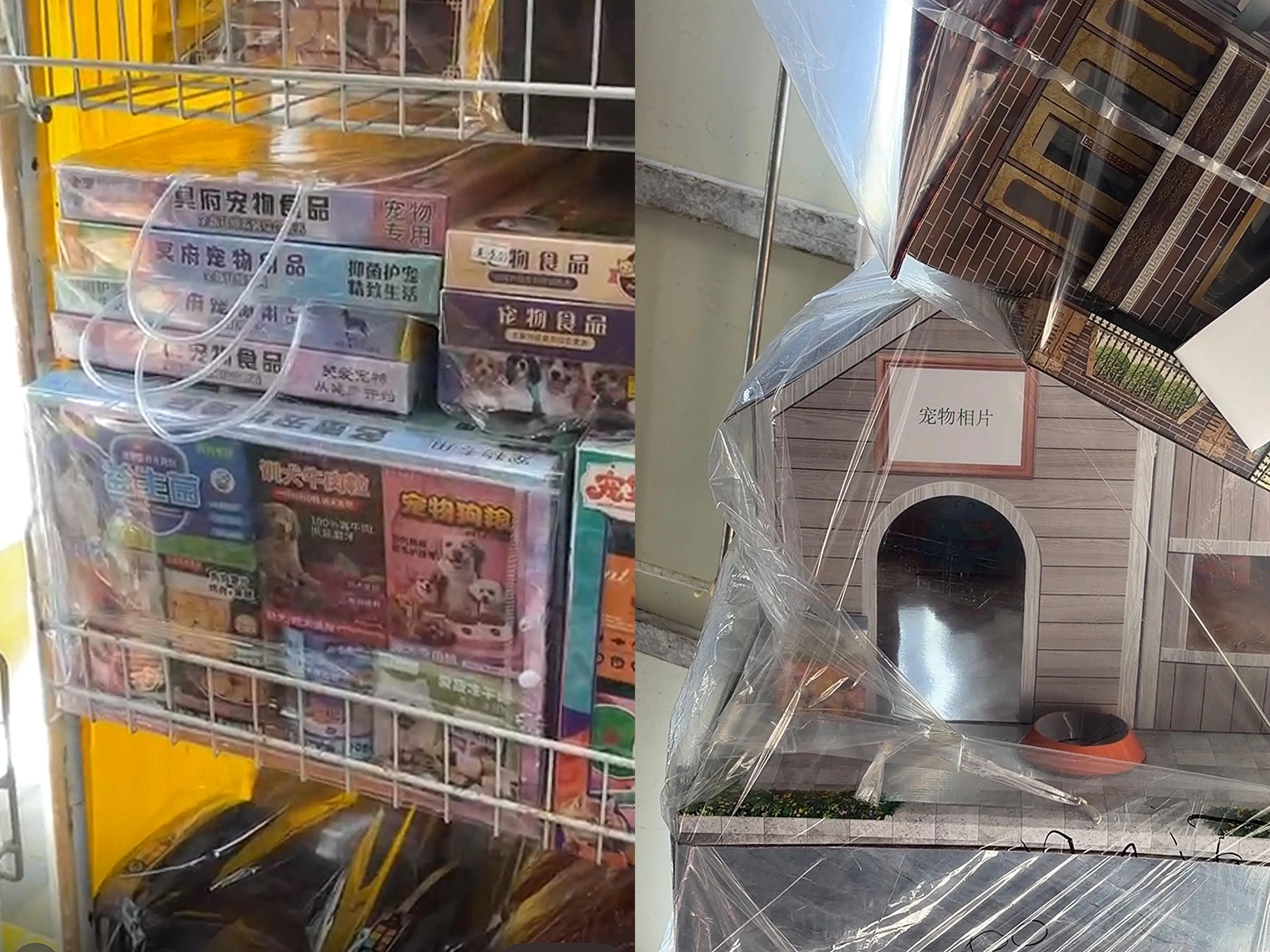 据记者观察，宠物祭品不仅有猫狗粮，还有宠物玩具、衣服，甚至有营养补充剂。（董柏汝摄）