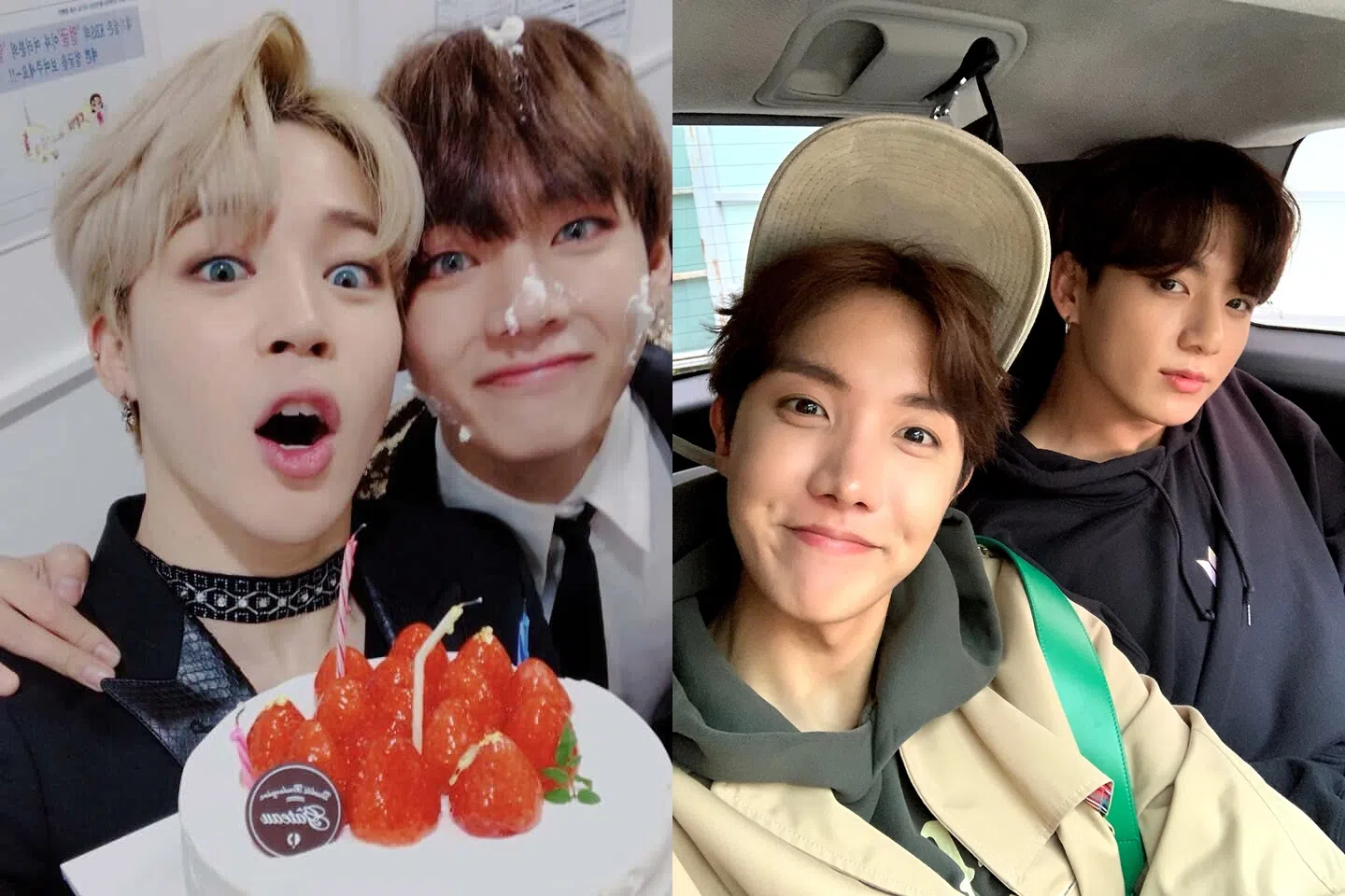 智旻（左图左）和V，J-hope（右图左）和柾国都曾因食物而起争执。（互联网）
