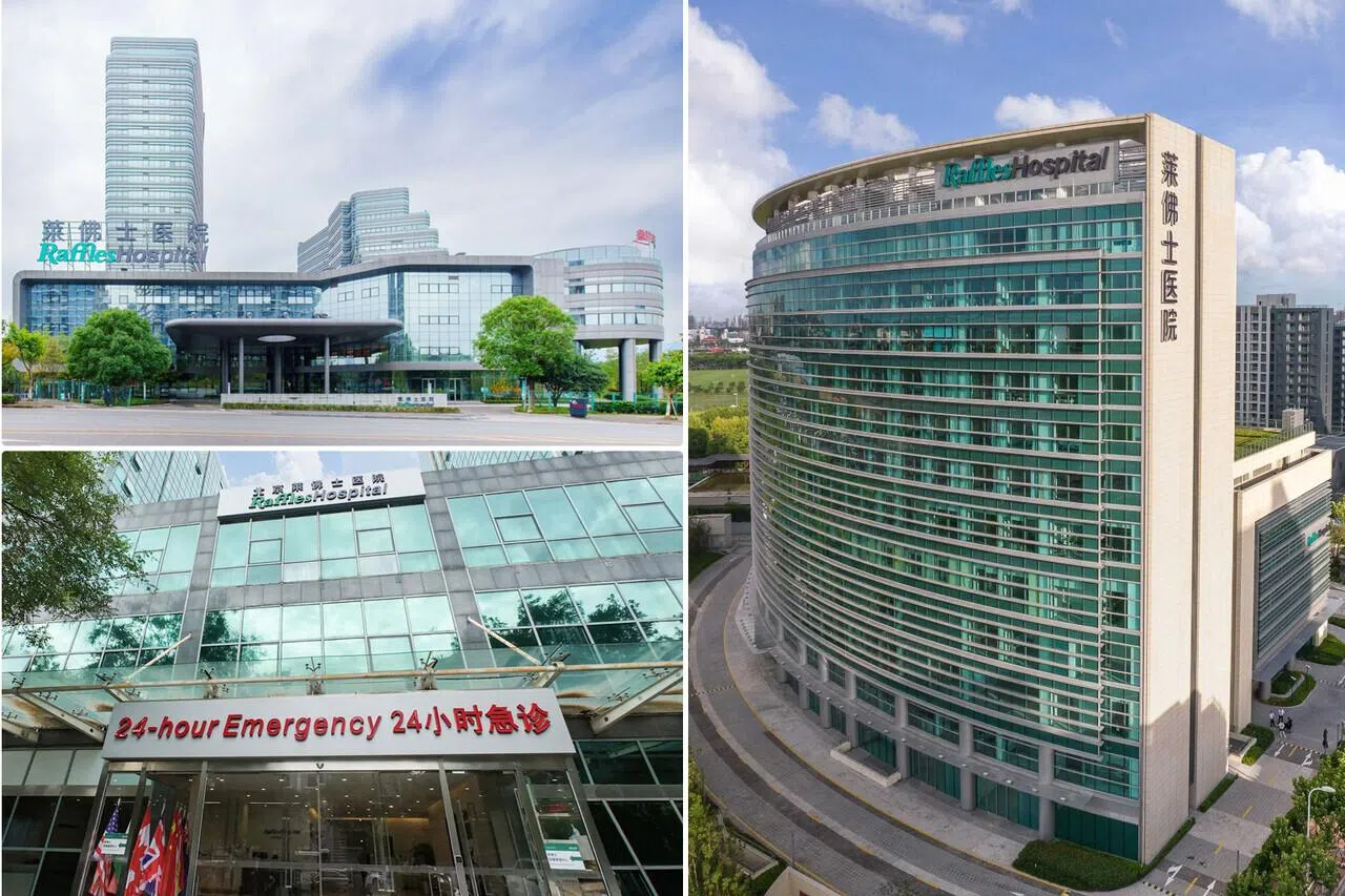 莱佛士医疗集团从新加坡出发，如今业务已遍布亚洲14个城市。（左上起顺时钟）为重庆、上海、北京的莱佛士医院。（莱佛士医疗集团提供）