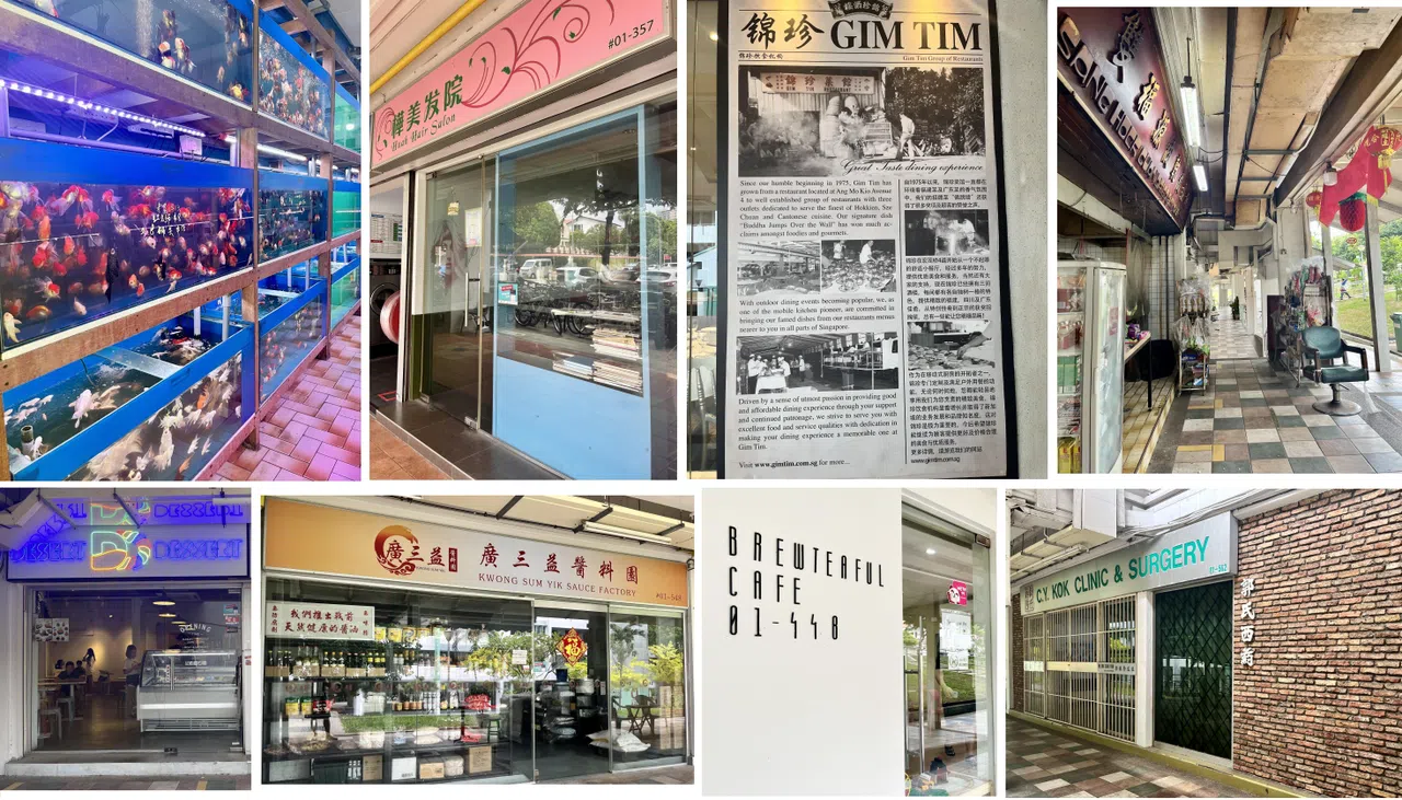 美华巴刹与熟食中心附近的邻里商店包括主打“可朗芙”（croffle）和韩式刨冰的café，也有常年驻守的美发院和家庭诊所，以及组屋区不常见的水族店、传统肉干店和酱油店等。（陈映蓁摄）