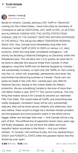 特朗普星期二（3月11日）在他的Truth Social平台发文公布这一消息，并称关税将在星期三（12日）早上生效。（特朗普Truth Social截图）