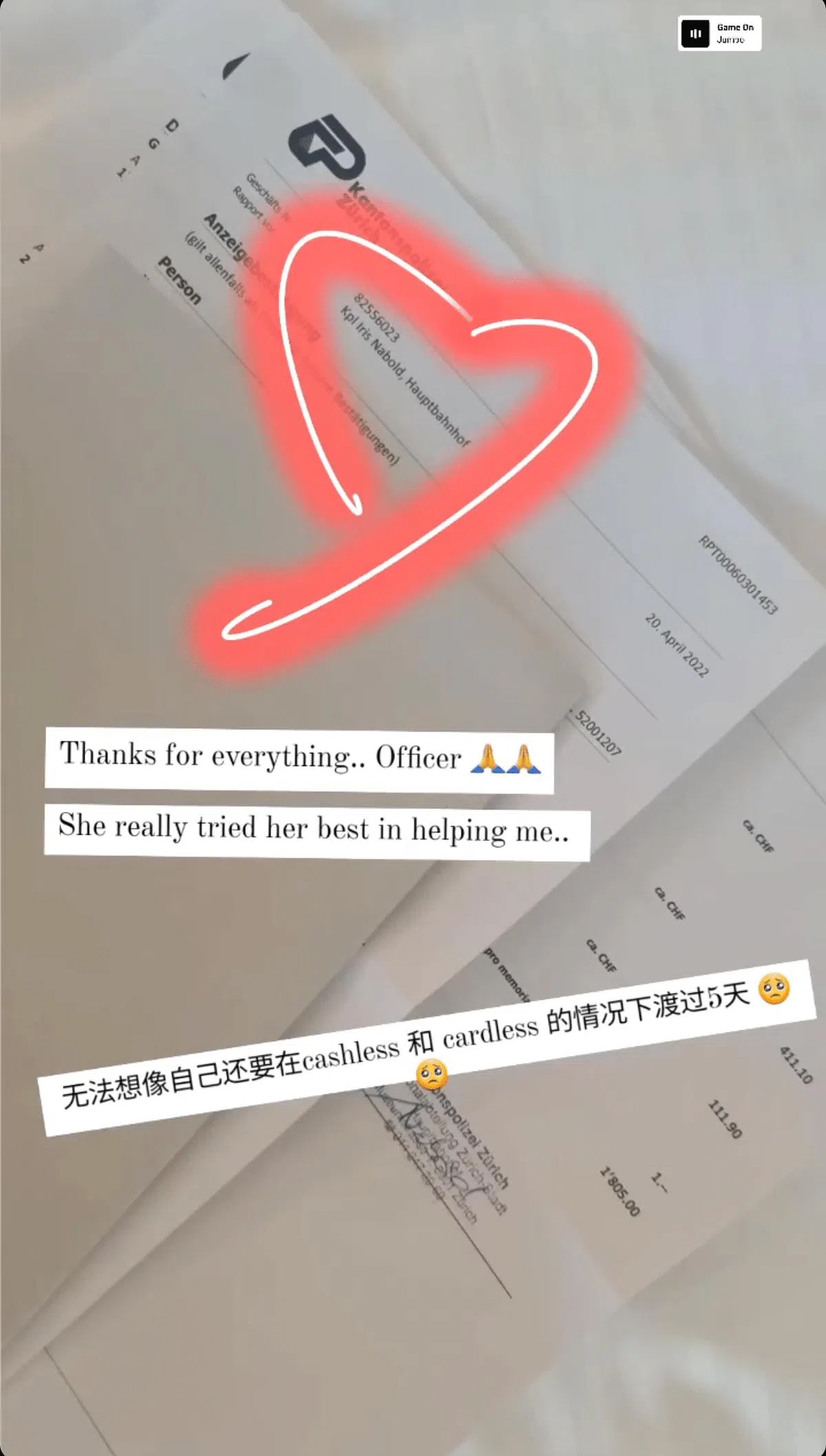 童缤毓感谢瑞士警方的协助，同时担忧自己接下来的旅程如何渡过。（图/IG）