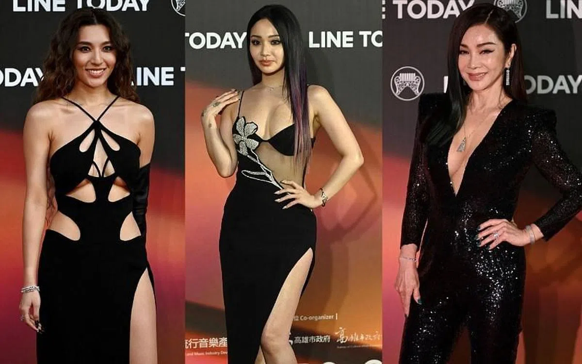 Haezee黄玮昕（左起）、陈芳语和陈美凤都以黑战袍出击。（法新社）