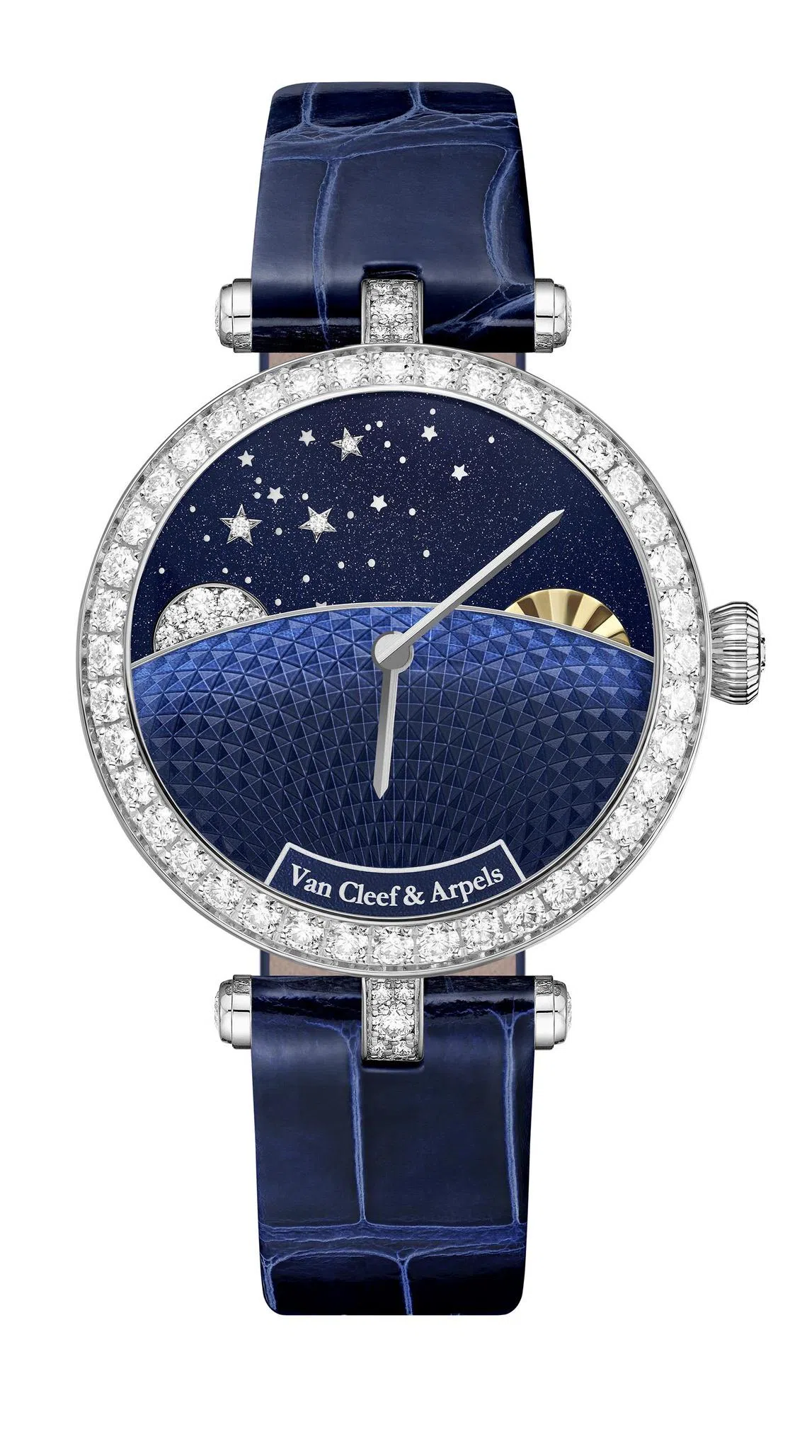 最佳女士腕表Lady Jour Nuit，24小时旋转盘设计，呈现太阳与月亮的交替变换，让佩戴者在腕间见证昼夜更迭的诗意。（梵克雅宝提供）