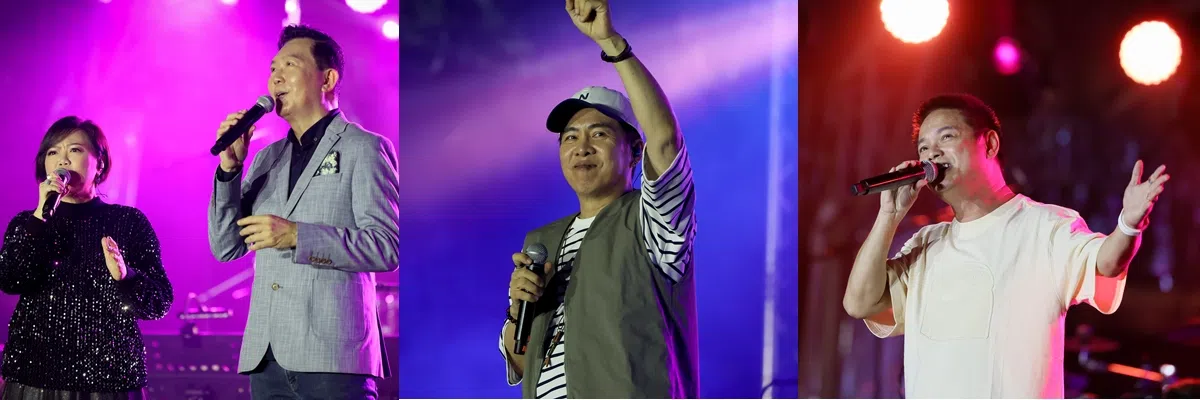 新谣歌手代表有邓淑娴（左图左起）、洪邵轩、黎沸挥和周崇庆。（龙国雄摄）